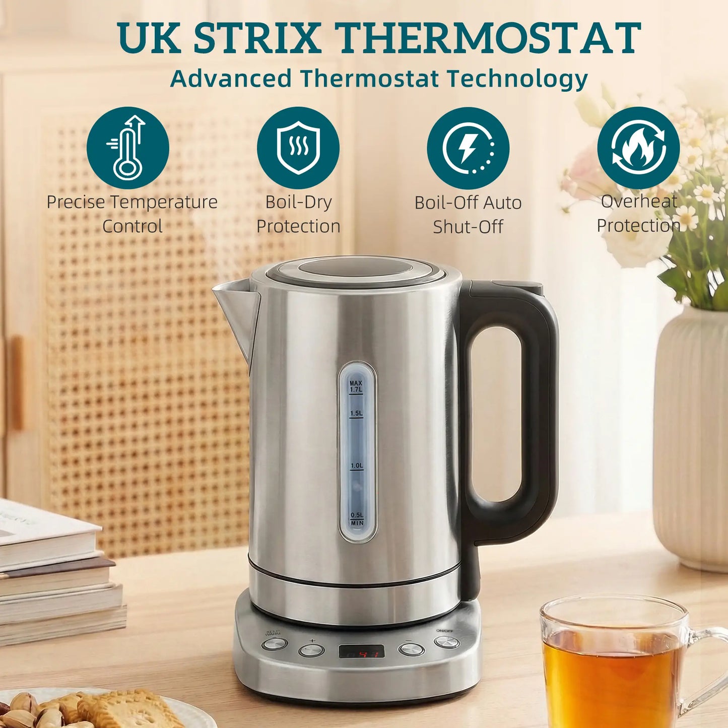 HOMCOM Electric Kettle, 1.7L, Fast Boil, 3kW Water Kettle with UK Strix Thermostat, LCD Base, Silver Tone
