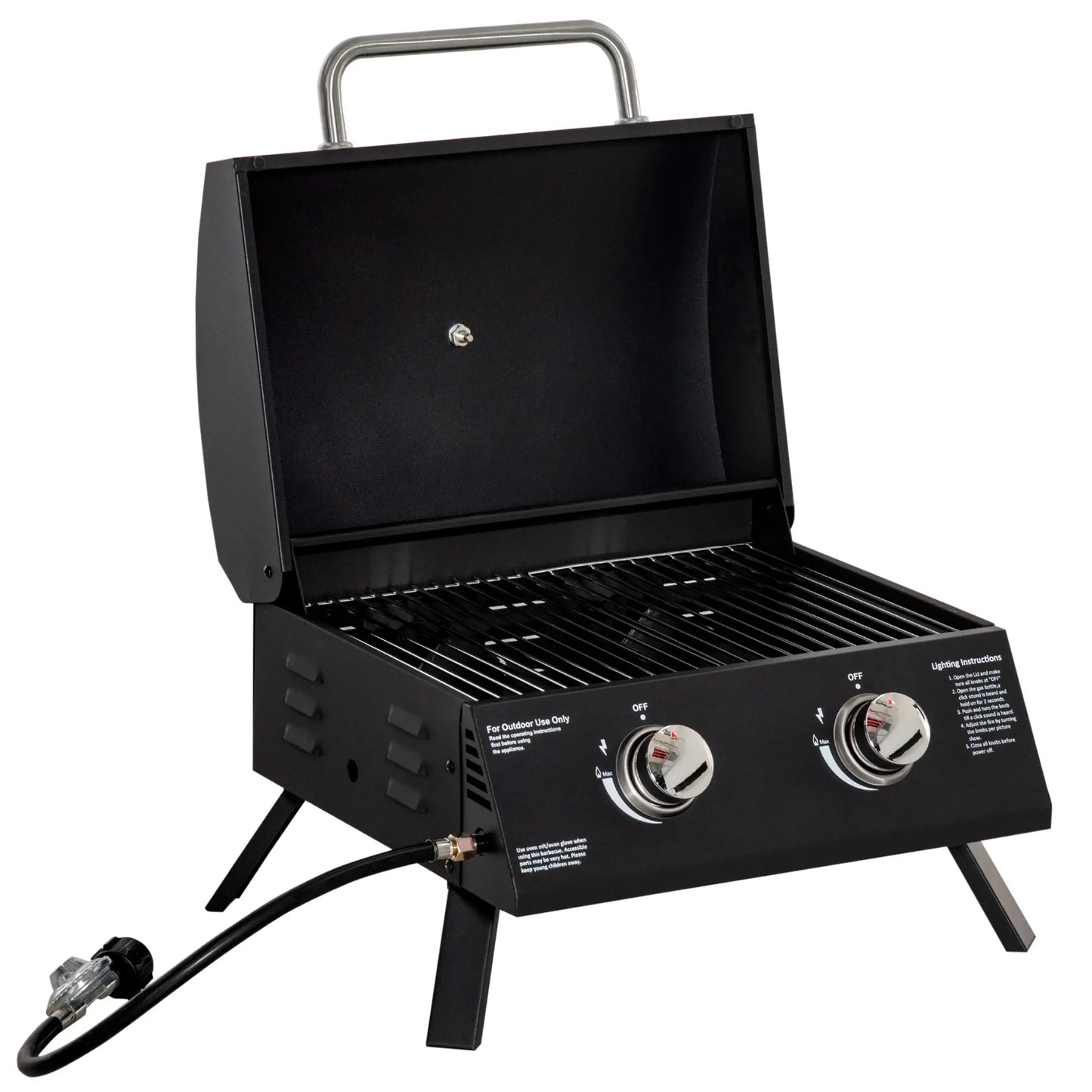Outsunny 2 Burner Gas BBQ Grill Outdoor Portable Folding Tabletop Barbecue w/ Lid, Thermometer, Carbon Steel, Black