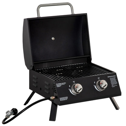 Outsunny 2 Burner Gas BBQ Grill Outdoor Portable Folding Tabletop Barbecue w/ Lid, Thermometer, Carbon Steel, Black