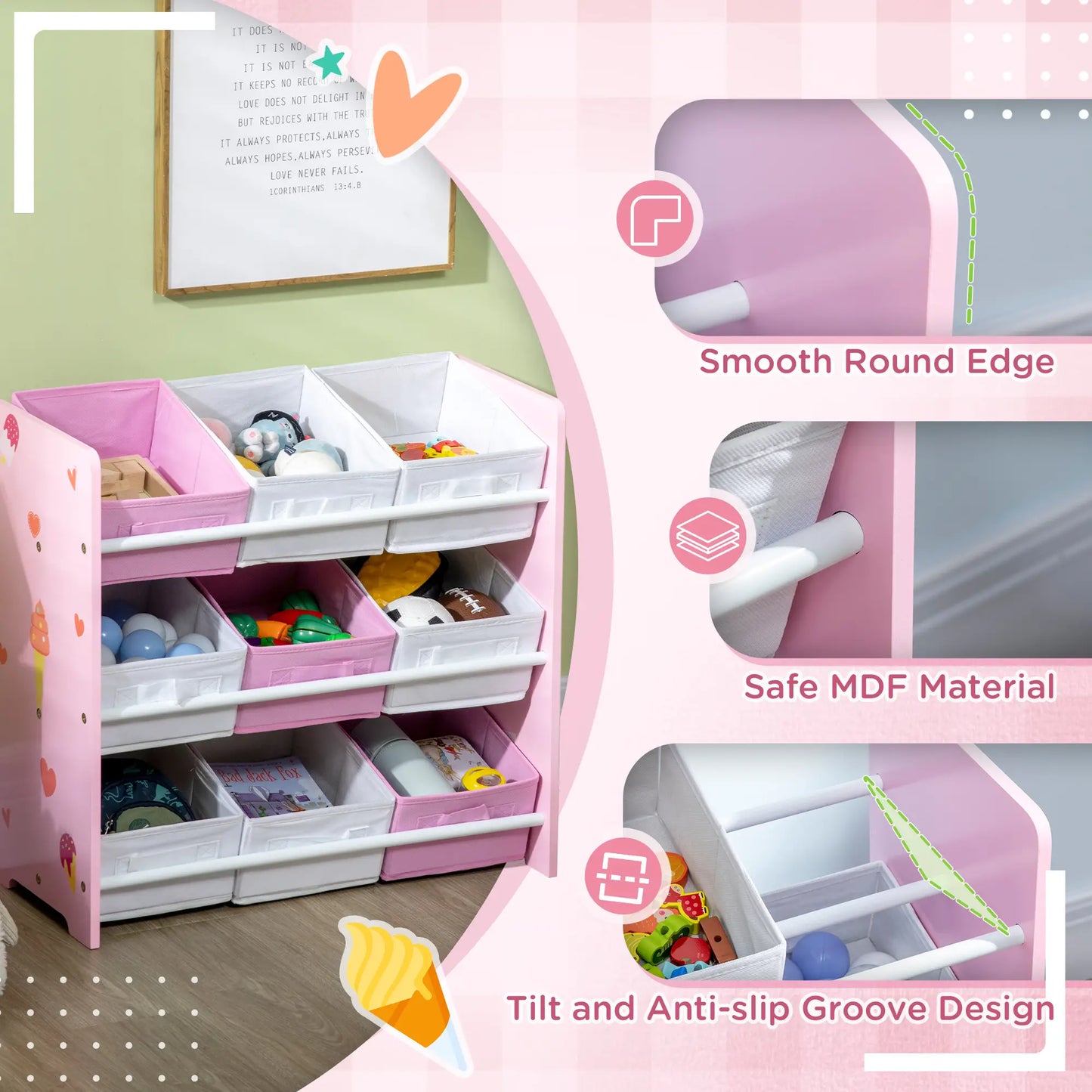 ZONEKIZ Kids Storage Rack with Nine Removable Baskets for Nursery, Bedroom, Playroom - Pink