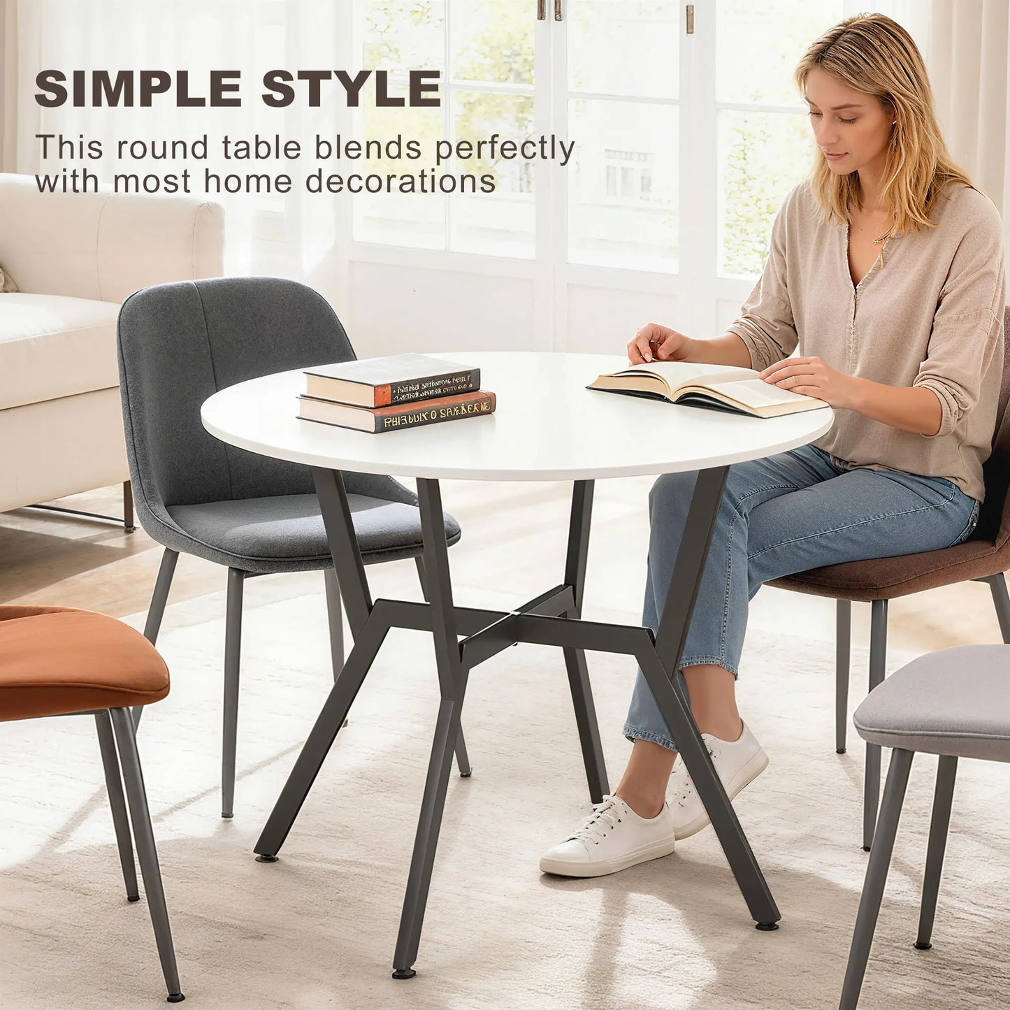HOMCOM Dining Table, Round Kitchen Table with Black Legs, High Gloss White