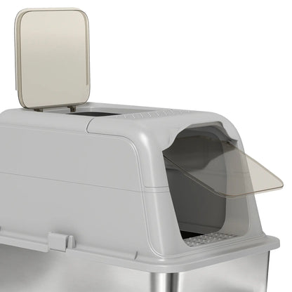 PawHut Extra Large Stainless Steel Litter Box, Enclosed Cat Litter Tray with Scoop, Deodorizer Bag, Front-Entry & Top-Exit