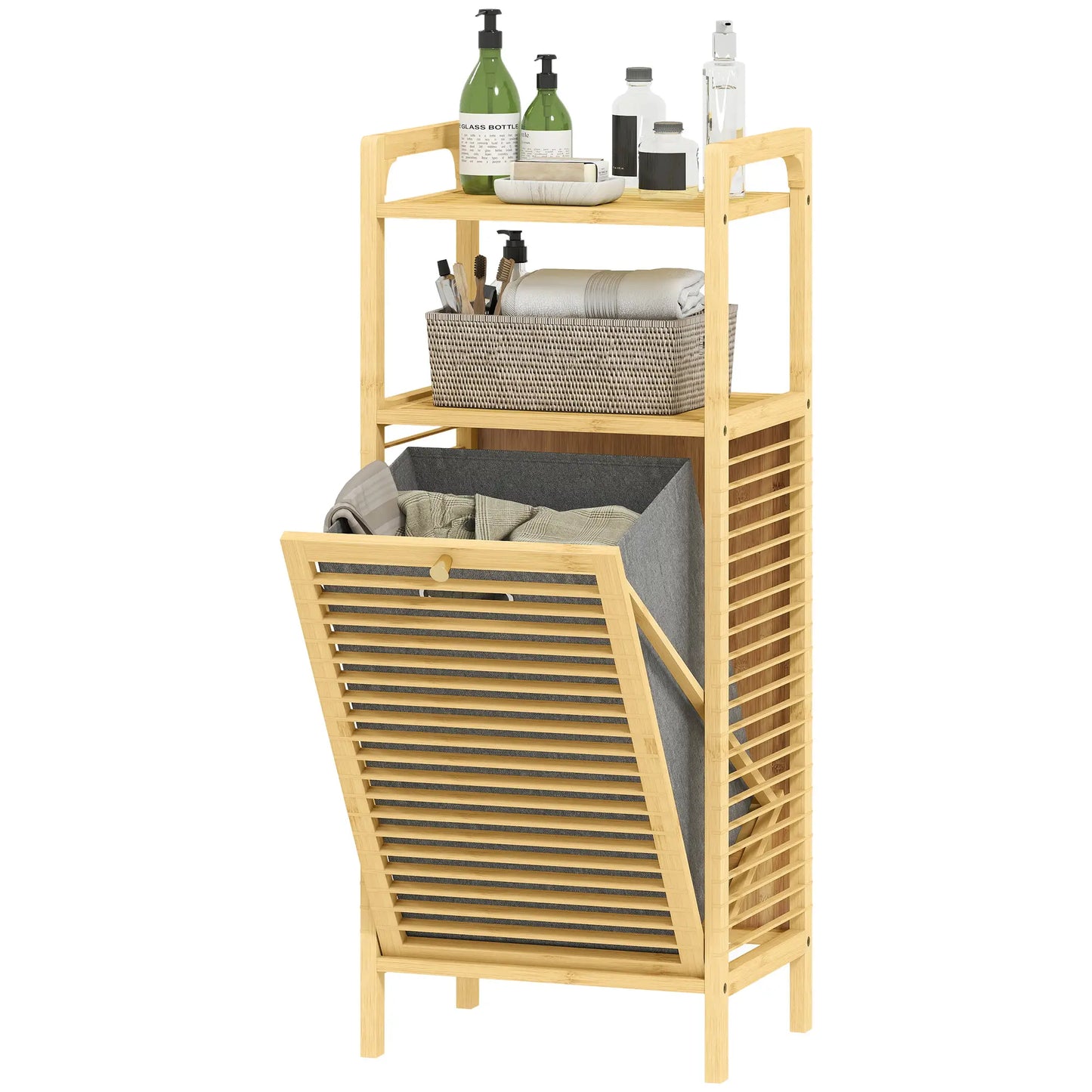HOMCOM Bamboo Laundry Cabinet with Slatted Door, Bathroom Cabinet with Removable Liner Bag, Natural Wood Finish