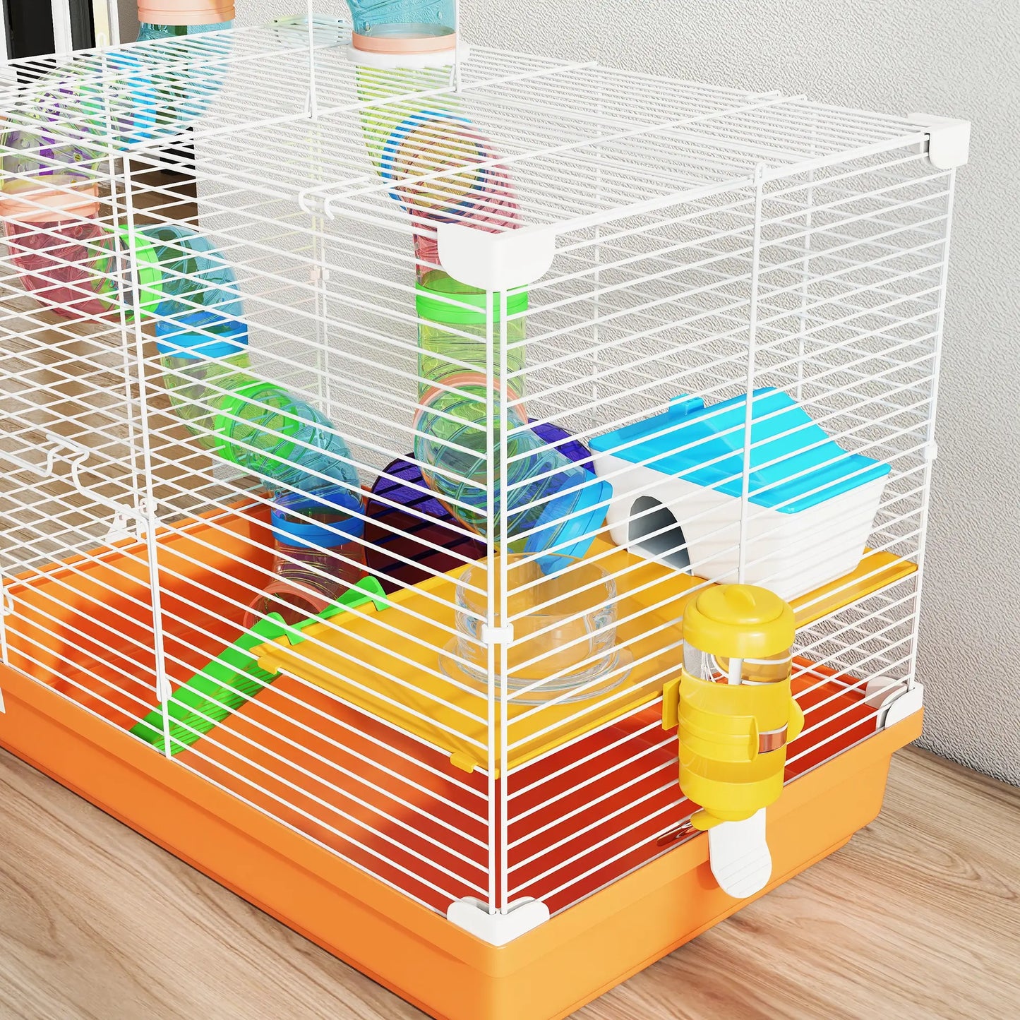 PawHut 2 Tier Hamster Cage, Gerbil Cage with Handle, Exercise Wheels, Tunnel, Water Bottle, Ladder for Dwarf