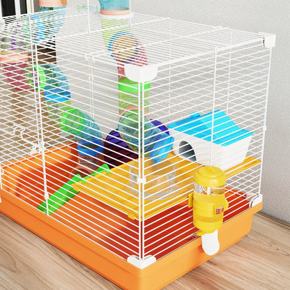 PawHut 2 Tier Hamster Cage, Gerbil Cage with Handle, Exercise Wheels, Tunnel, Water Bottle, Ladder for Dwarf
