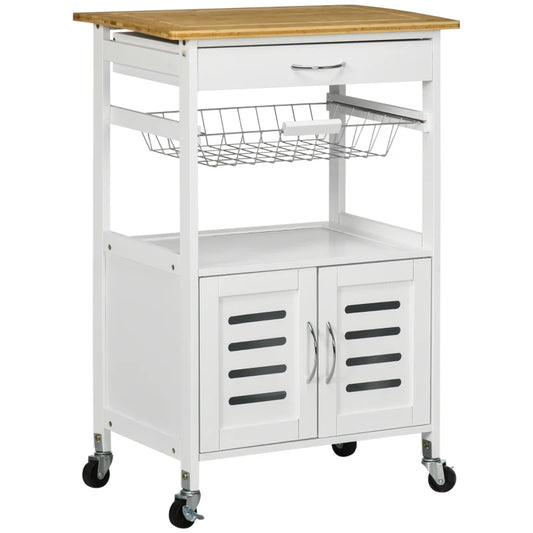 HOMCOM Rolling Kitchen Island Trolley Utility Cart on Wheels with Bamboo Table Top, Storage Cabinet, Drawer & Wire Basket
