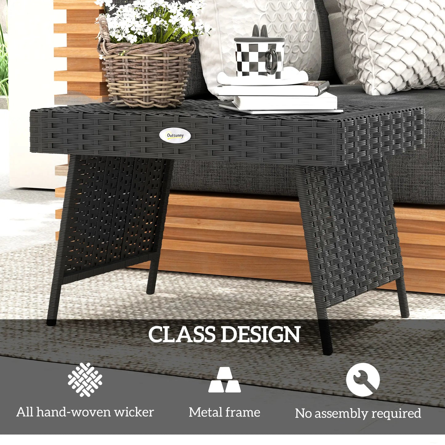Outsunny Foldable Outdoor Side Table, Bistro Garden Rattan Coffee Table with Steel Frame, Black