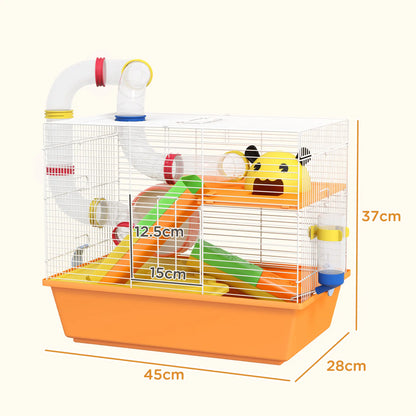 PawHut 3 Tiers Gerbil Cage, Hamster Cage with Tubes, Exercise Wheel, Ladder, Top Handle - Orange