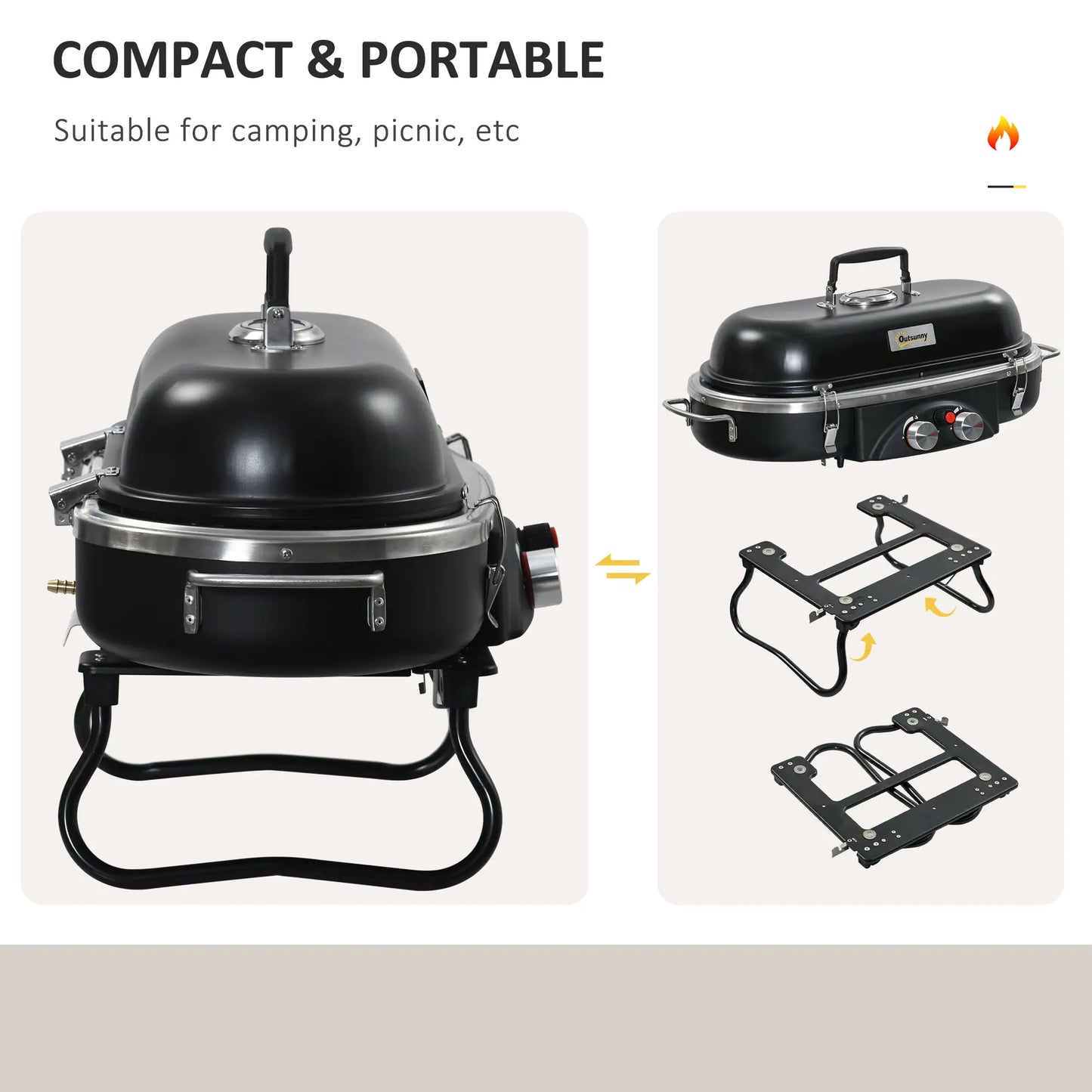 Outsunny Foldable Gas BBQ Grill 2 Burner Table Top Barbecue with Lid for Camping Picnic Cooking, Aluminium Alloy