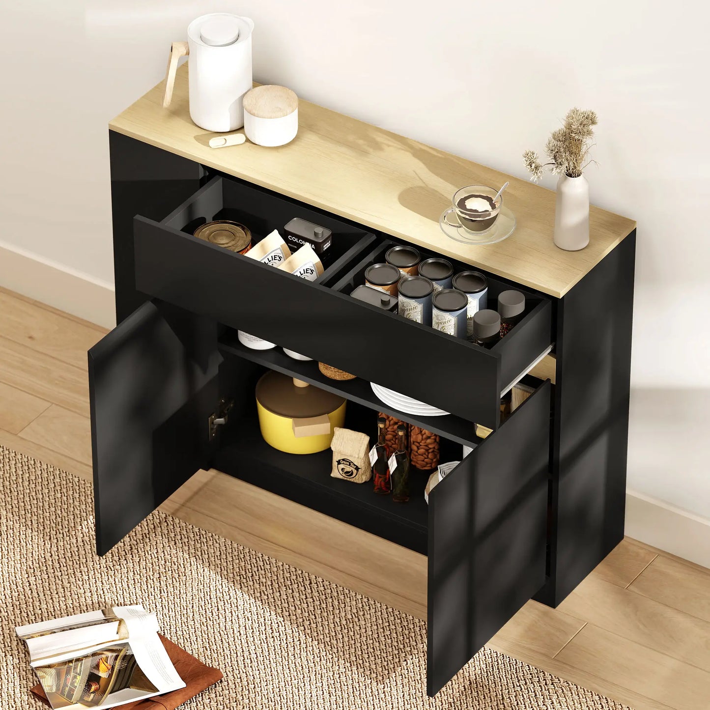 HOMCOM Sideboard, Storage Cabinet with Adjustable Shelf, 2 Drawers, 3 Open Shelves, Black