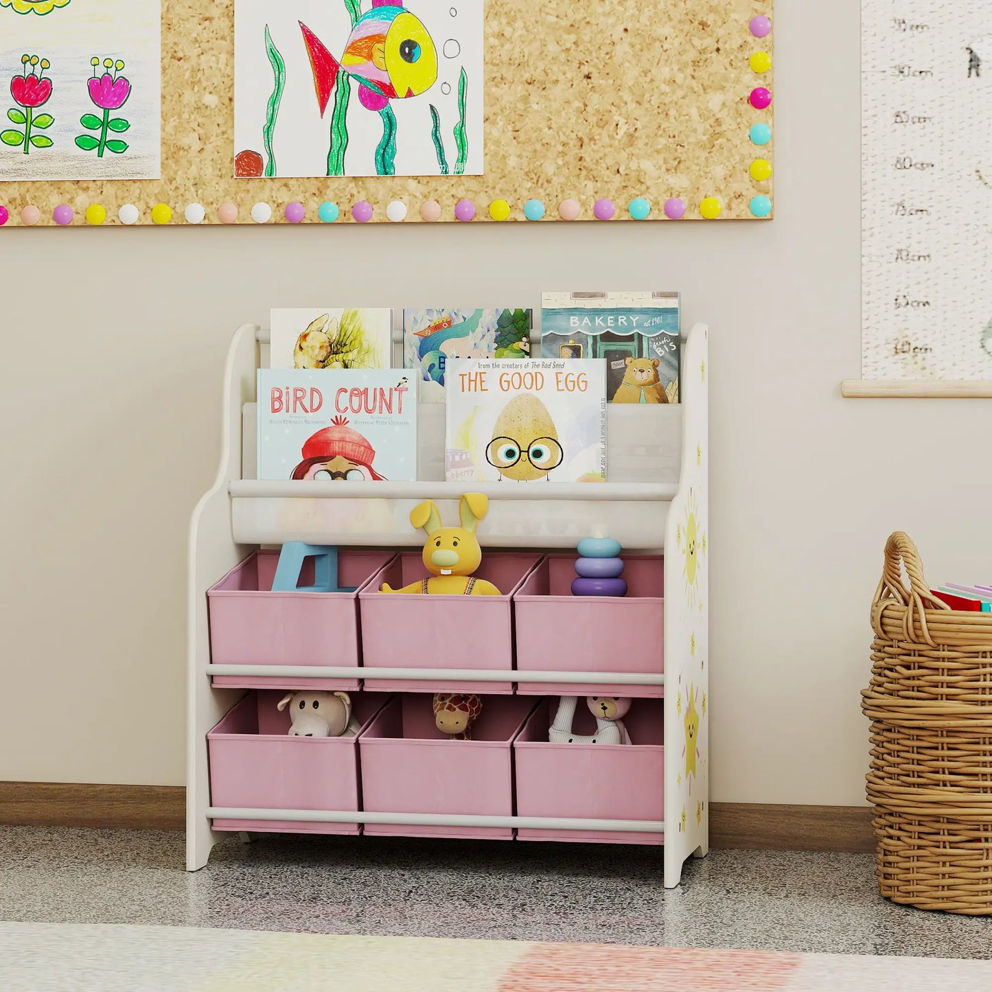 AIYAPLAY Kids Storage Unit, Toy Organiser with 6 Fabric Drawers and 2-Tier Sling Book Rack for Bedroom, Playroom, Pink