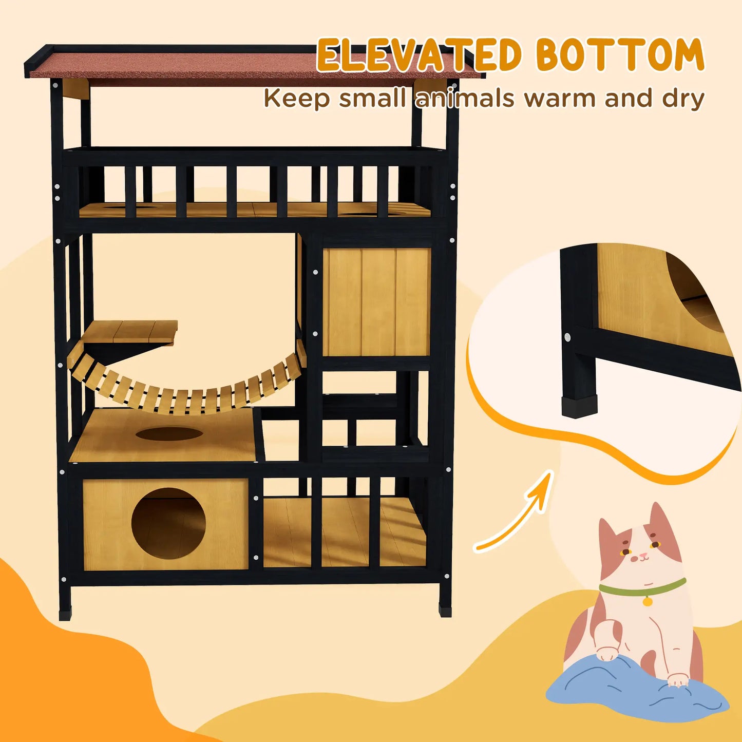 PawHut Outdoor Cat Shelter, Four-Tier Wooden Feral Cat House with Suspension Bridge, Balcony, Escape Doors