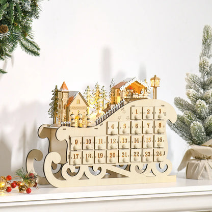 HOMCOM Christmas Advent Calendar, 2021 Light Up Table Xmas Wooden Sleigh Holiday Decoration with Countdown Drawer, Natural Wood Color