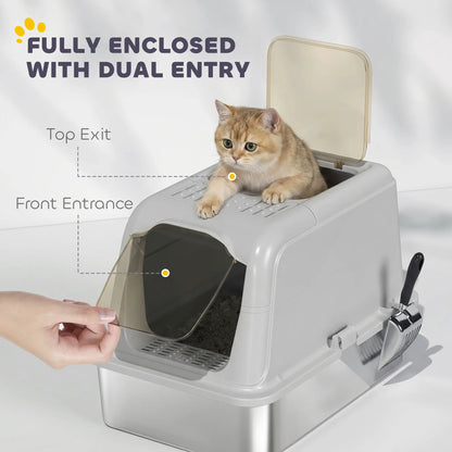 PawHut Extra Large Stainless Steel Litter Box, Enclosed Cat Litter Tray with Scoop, Deodorizer Bag, Front-Entry & Top-Exit