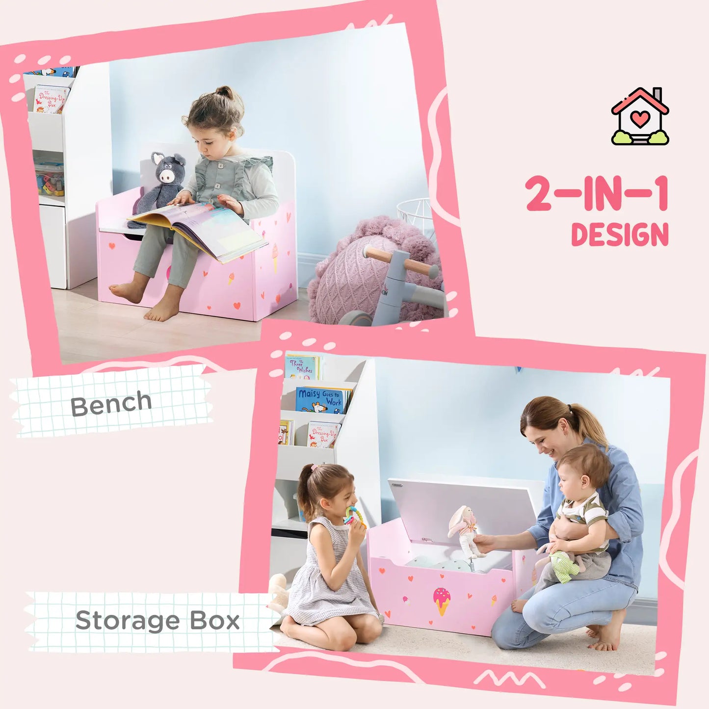 ZONEKIZ 2-in-1 Kids Wooden Storage Chest Bench, Toy Organiser Box w/ Safety Rod - Pink