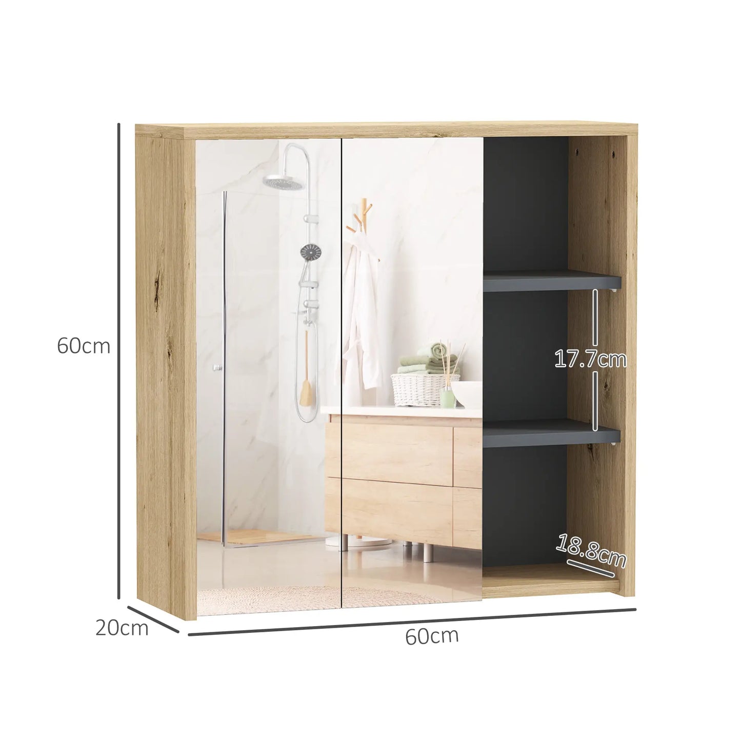 HOMCOM Five-Shelf Mirrored Bathroom Storage Mirror Cabinet - Wood-Effect