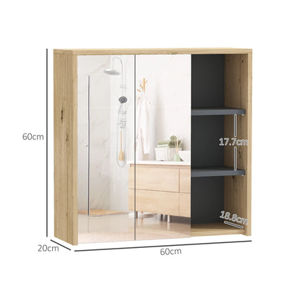 HOMCOM Five-Shelf Mirrored Bathroom Storage Mirror Cabinet - Wood-Effect