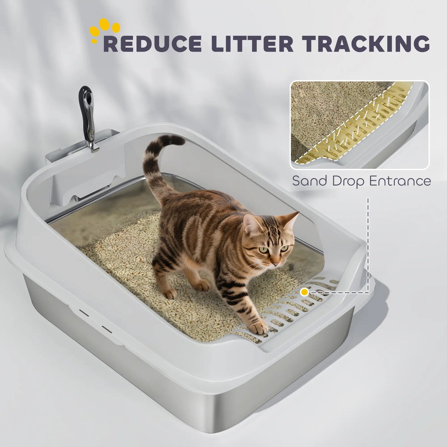 PawHut XL Stainless Steel Cat Litter Box with High Sides & Metal Scoop