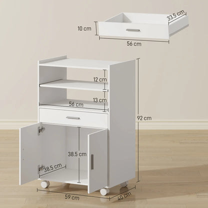 HOMCOM Kitchen Trolley with Wheels, Modern Mobile Microwave Stand with Slide-Out Shelf, Drawer & 2 Doors