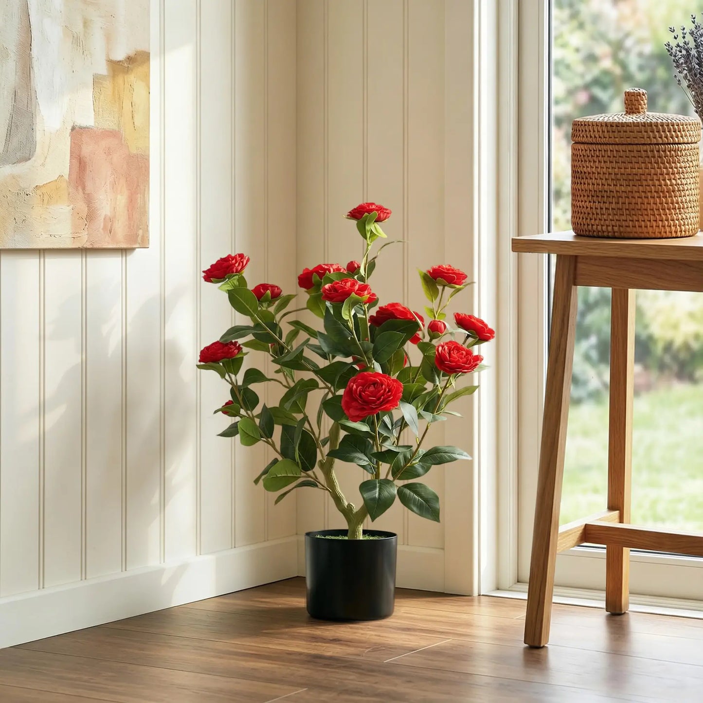 HOMCOM Artificial Camellia Flower Plant in Pot with 116 Lush Leaves & Moss Effect, Red
