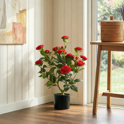 HOMCOM Artificial Camellia Flower Plant in Pot with 116 Lush Leaves & Moss Effect, Red