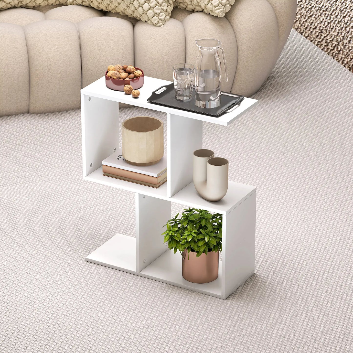 HOMCOM Side Table, Narrow End Table with Storage Shelves, S-Shaped, 3-Tier, White