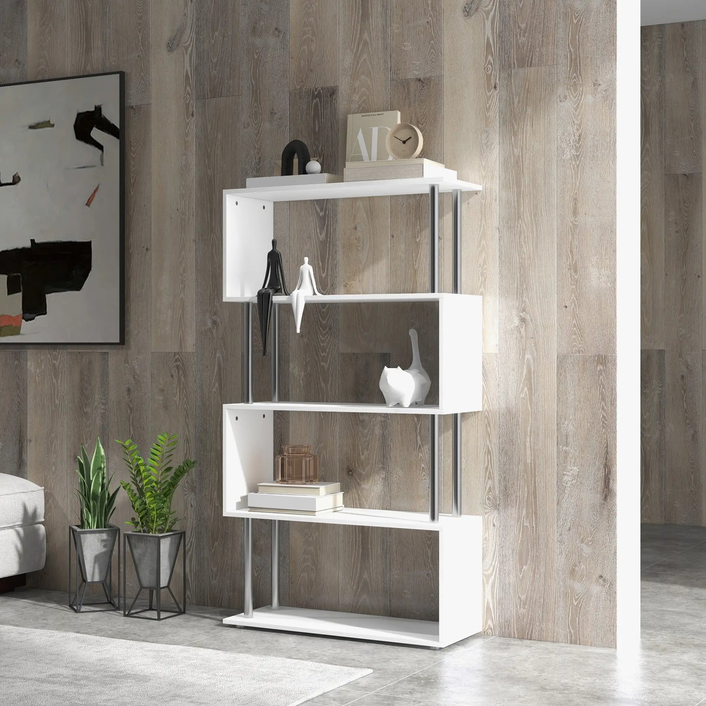HOMCOM S Shape Bookcase, 5 Tiers Bookshelf, Modern Freestanding Storage Shelf for Home Office, Study, Living Room, White