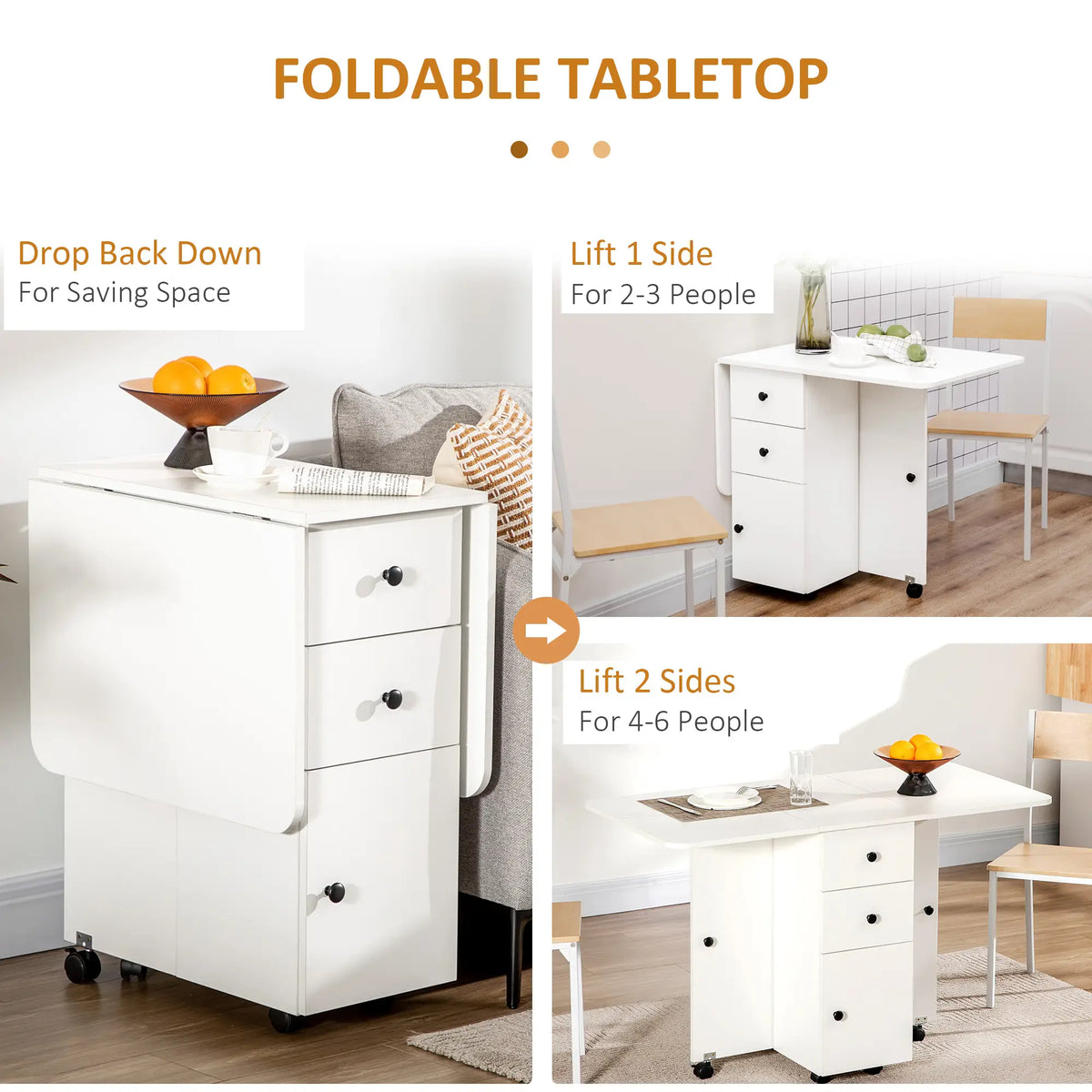 HOMCOM Kitchen Multi-Storage Six-Person Drop Leaf Dining Table - White
