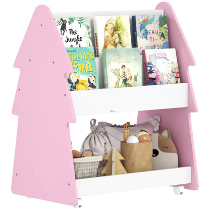 AIYAPLAY Kids Bookshelf with Toy Storage & Wheels, Double-Sided Bookcase, 3 Tier Book Rack for Bedroom, Pink