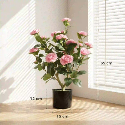 HOMCOM Artificial Camellia Flower Plant in Pot with 116 Lush Leaves & Moss Effect, Pink
