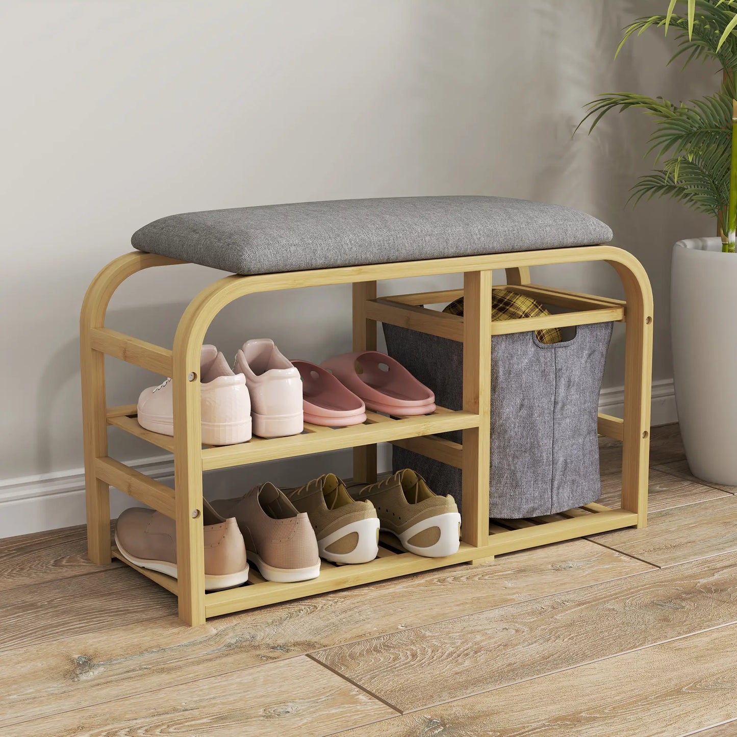 HOMCOM Bamboo Shoe Rack Storage Bench with Padded Seat - Nature Wood Finish