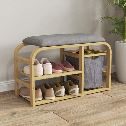 HOMCOM Bamboo Shoe Rack Storage Bench with Padded Seat - Nature Wood Finish