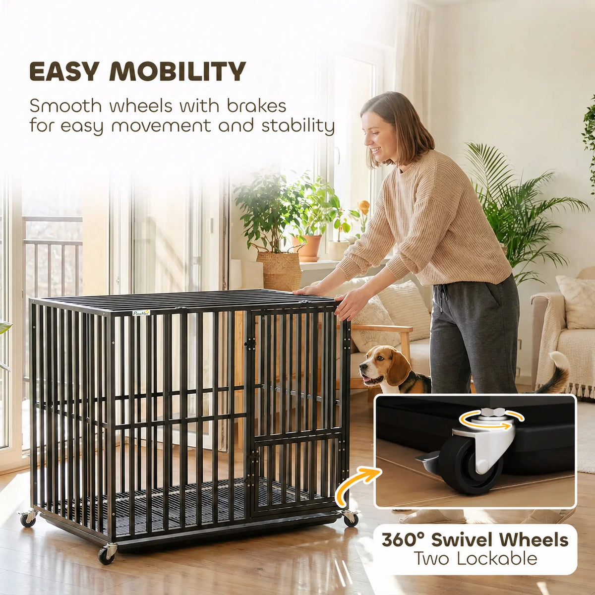 PawHut Heavy Duty Dog Crate, Dog Cage with Wheels for Small Medium Breeds, Metal Pet Kennel