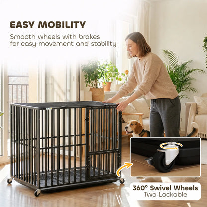 PawHut Heavy Duty Dog Crate, Dog Cage with Wheels for Small Medium Breeds, Metal Pet Kennel