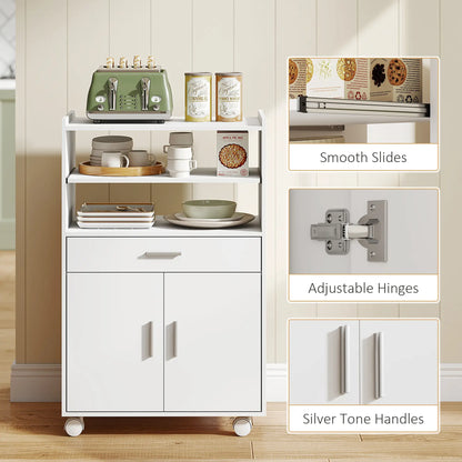 HOMCOM Kitchen Trolley with Wheels, Modern Mobile Microwave Stand with Slide-Out Shelf, Drawer & 2 Doors