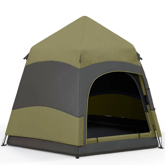 Outsunny Six Man Hexagon Camping Tent with Hang Hook & Carry Bag - Dark Green, Light Grey