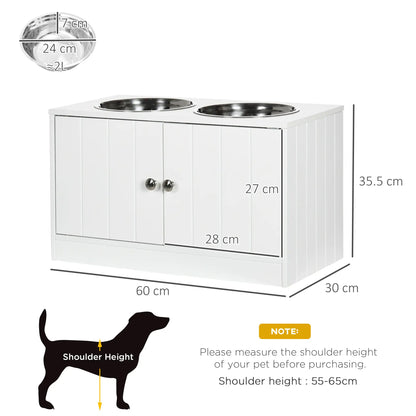 PawHut Raised Dog, Pet Feeder with Two Bowls, Storage - White