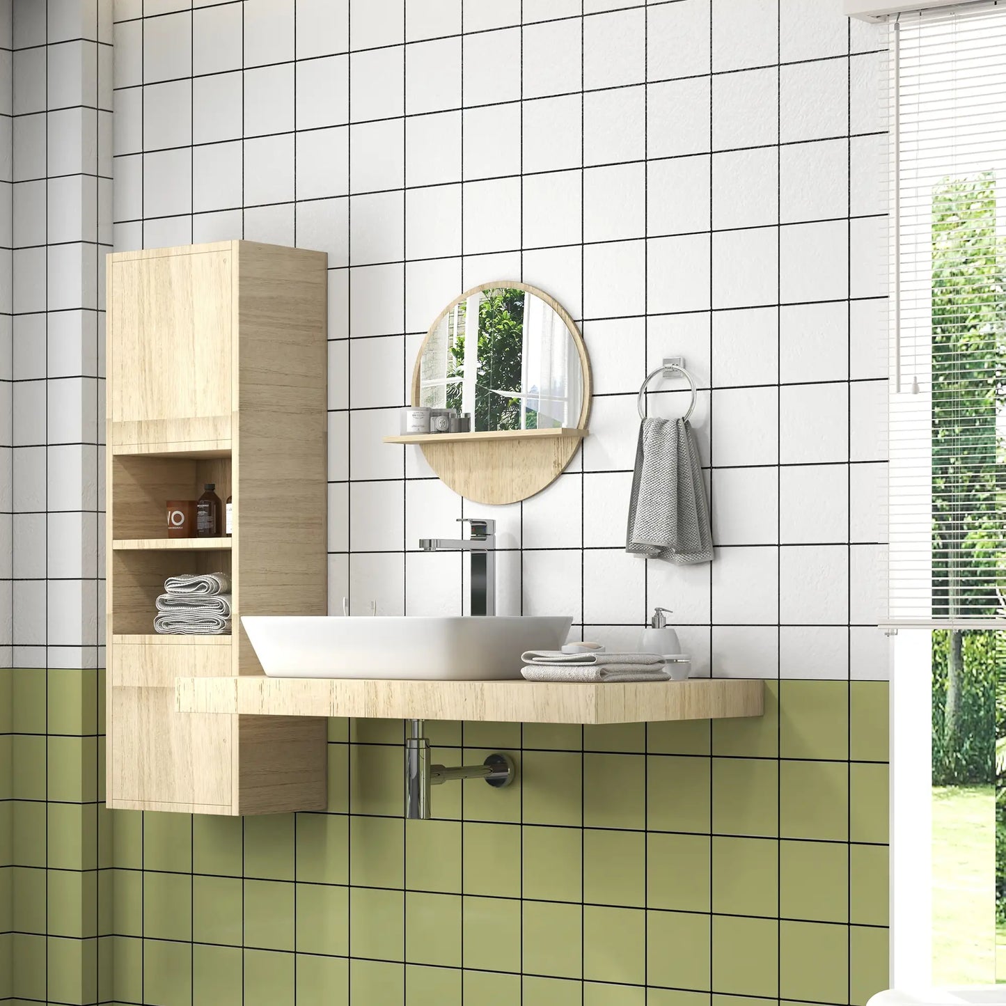 kleankin 45cm Round Home Bathroom Mirror, with Shelf - Natural Wood Effect