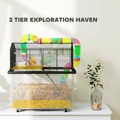 PawHut Two-Tier Hamster Cage with Deep Tray, Tube System, Water Bottle, Ramp, Feeding Bowl, Multicoloured