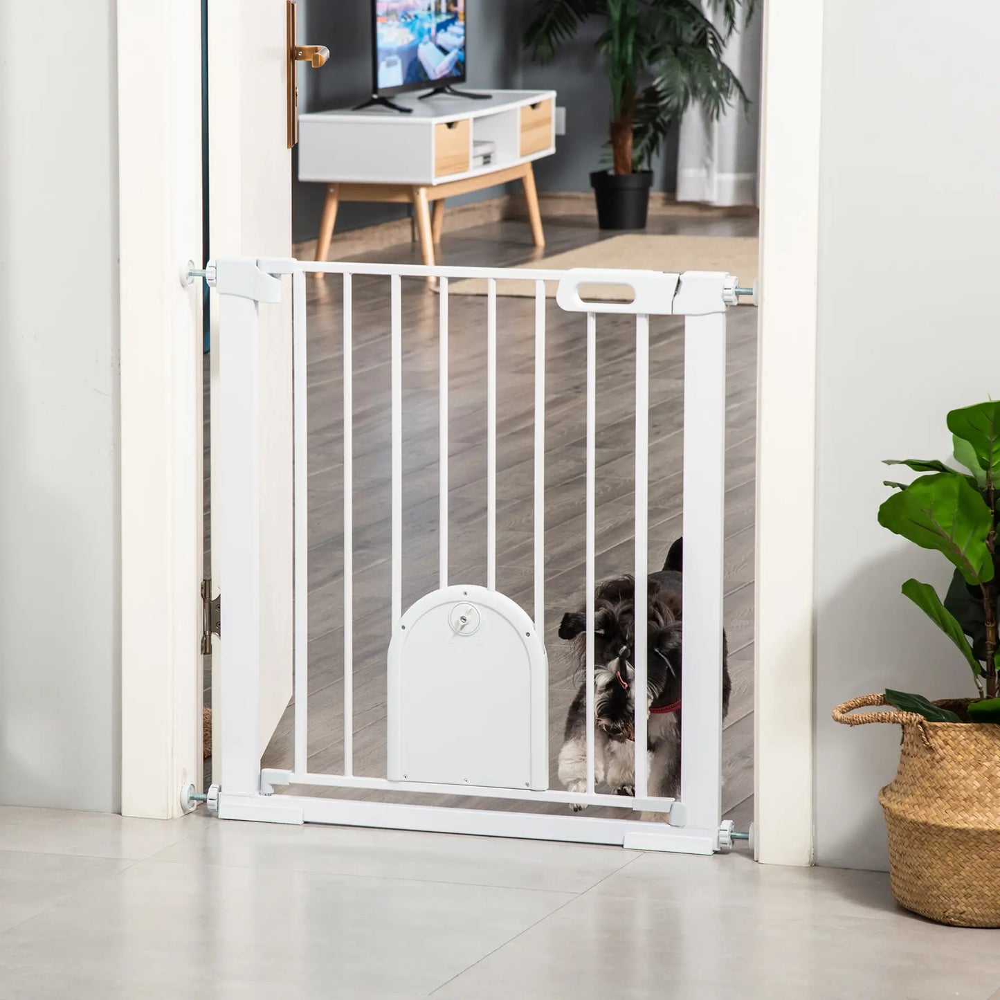 PawHut Dog Gate with Cat Flap Pet Safety Gate Barrier, Stair Pressure Fit, Auto Close, Double Locking, for Doorways, White