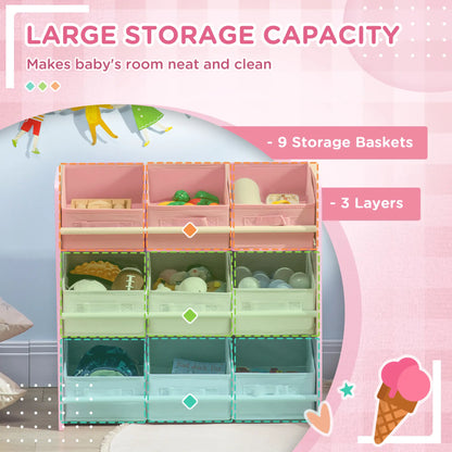 ZONEKIZ Kids Storage Rack with Nine Removable Baskets for Nursery, Bedroom, Playroom - Pink