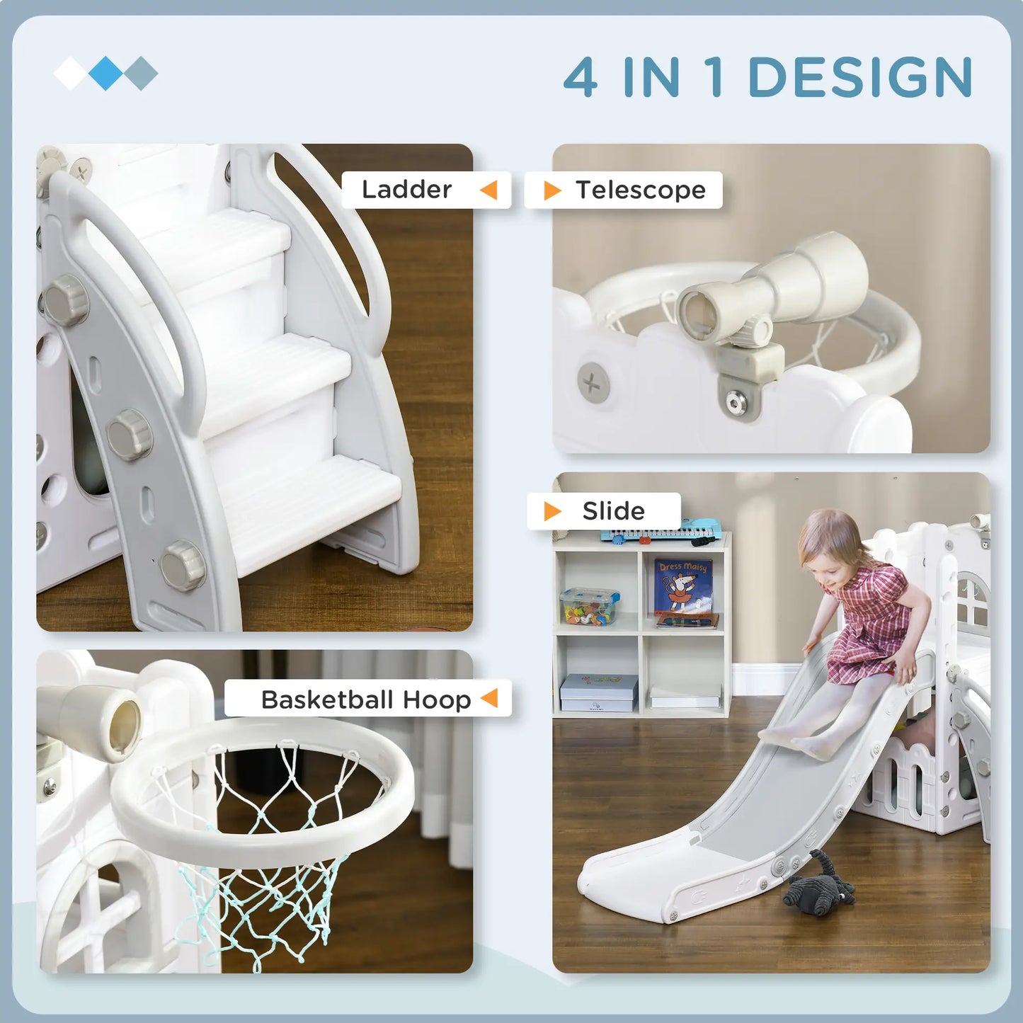 AIYAPLAY 4 in 1 Toddler Slide with Basketball Hoop, Climber, Telescope, Storage Basket, 1-3 Years, Grey