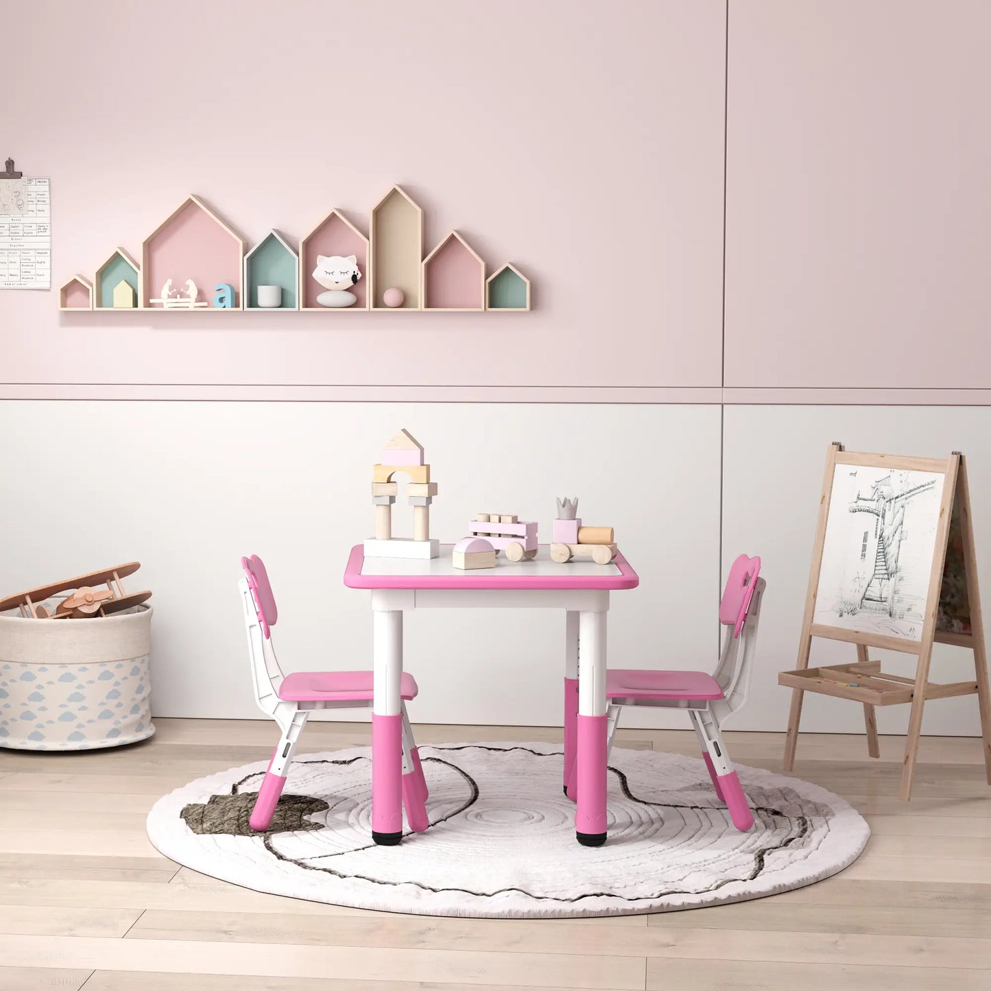 AIYAPLAY Height Adjustable Toddler Table and Chair Set, 3-Piece Children Activity Table w/ 2 Chairs for Playroom - Pink