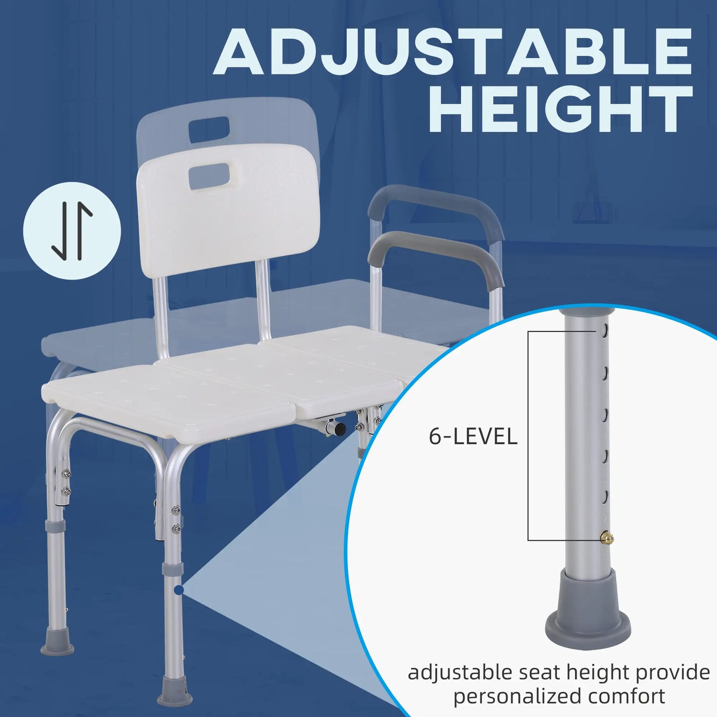 HOMCOM Height Adjustable Shower Chair, Non Slip Bath Transfer Bench for Elderly, Disabled with Armrest and Backrest, White