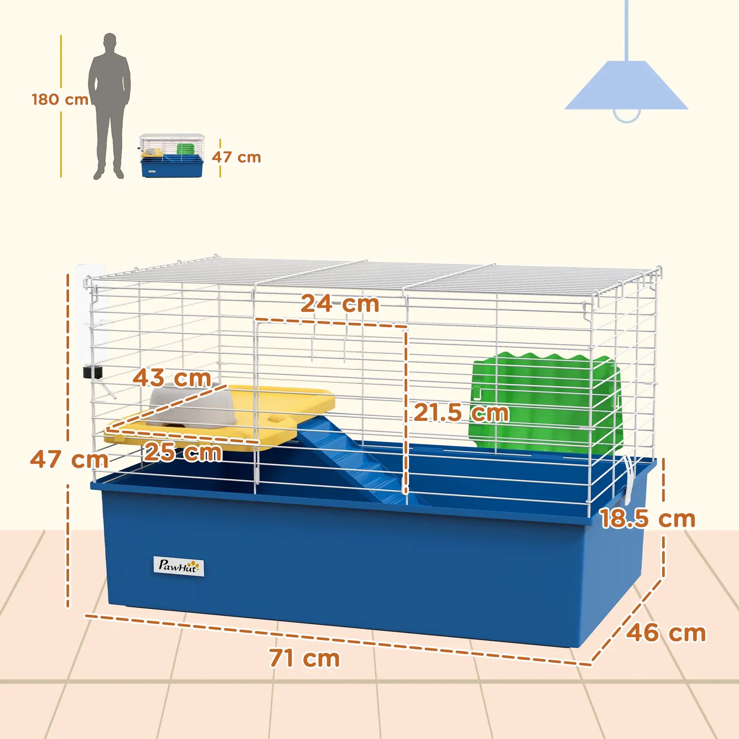 PawHut Chinchillas Small Rabbit Guinea Pig Small Animal Cage, Pet Playhouse with Platform, Ramp, Blue