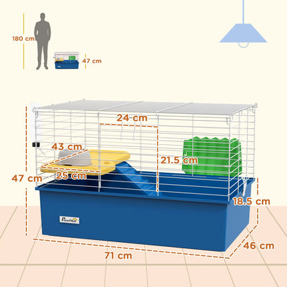 PawHut Chinchillas Small Rabbit Guinea Pig Small Animal Cage, Pet Playhouse with Platform, Ramp, Blue