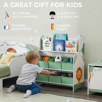 AIYAPLAY Kids Storage Unit, Toy Organiser with 6 Fabric Drawers & 2-Tier Book Rack for Bedroom, Playroom, Green