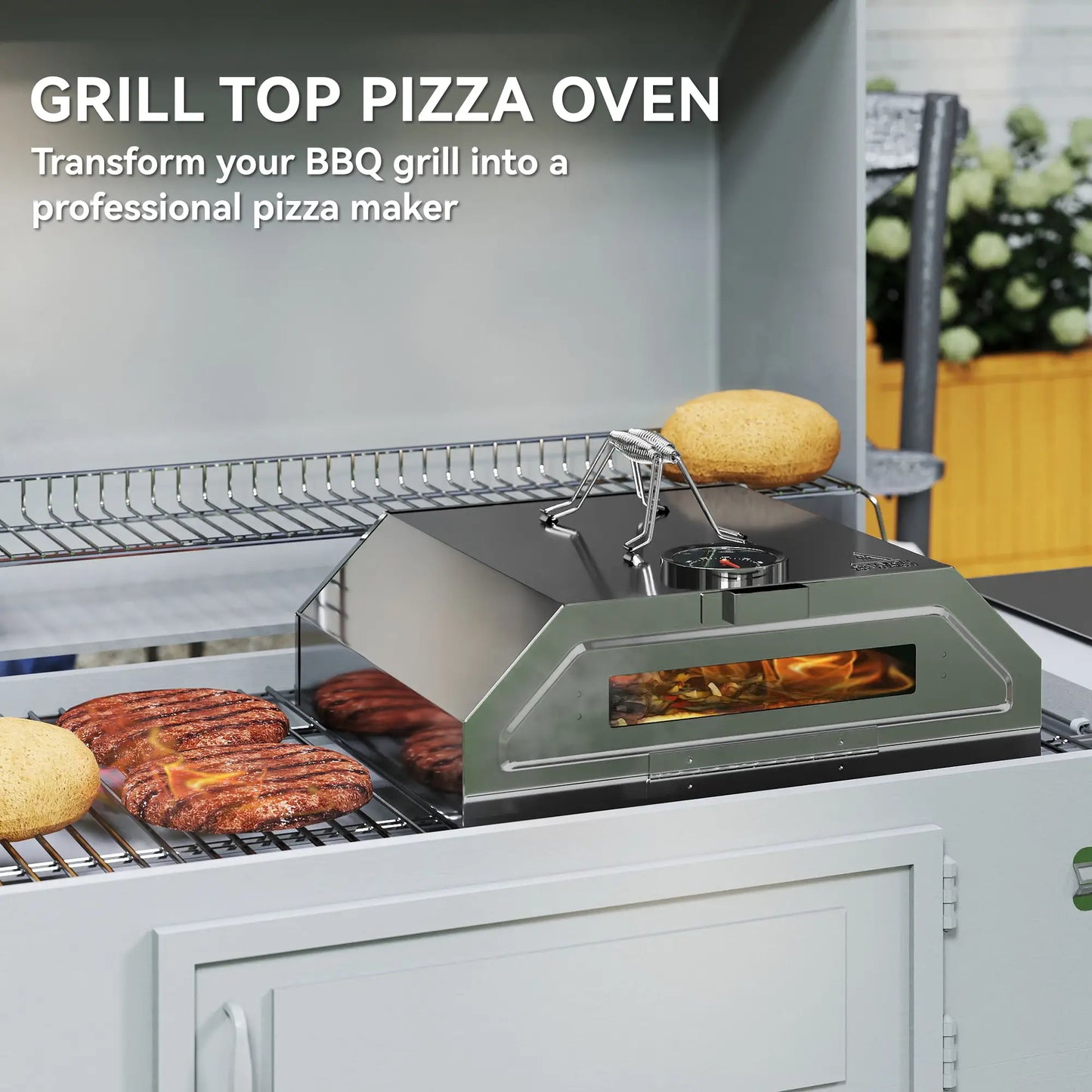 Outsunny 8 in Portable Charcoal, Gas Stainless Steel BBQ Grill Top Pizza Oven with Viewing Window