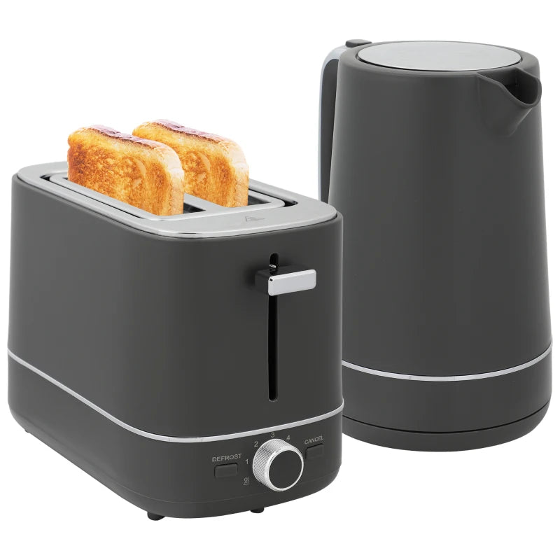 HOMCOM Fast Boil Kettle and 2 Slice Toaster Set, Kitchen Set with 6 Level Browning Controls, Defrost, Reheat, 1.7L 3000W Grey