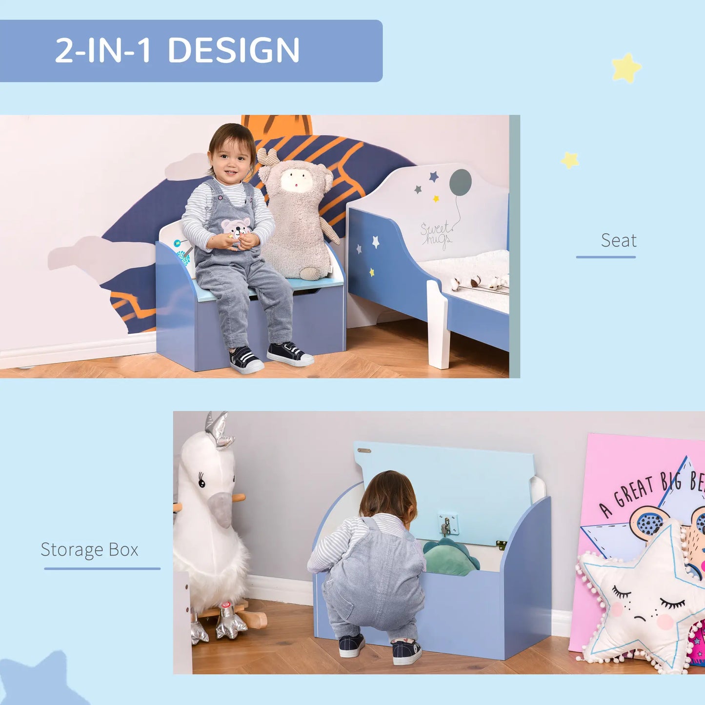 HOMCOM Kids Wooden Toy Box Children Storage Chest Bench Organiser Safety Hinge Playroom Furniture, Blue